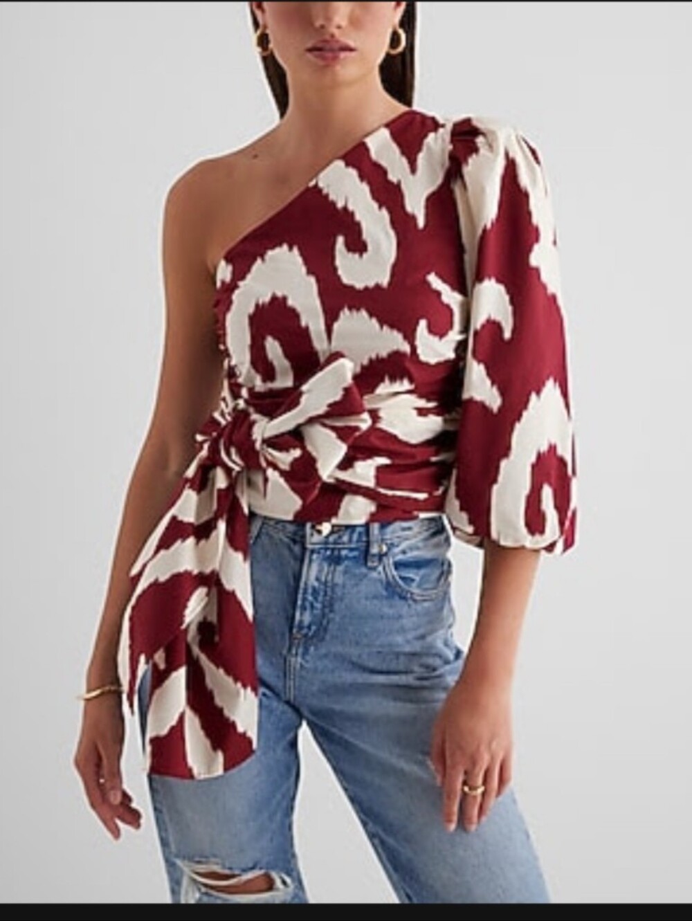 Express Printed One Shoulder Tie Waist Top Sz L